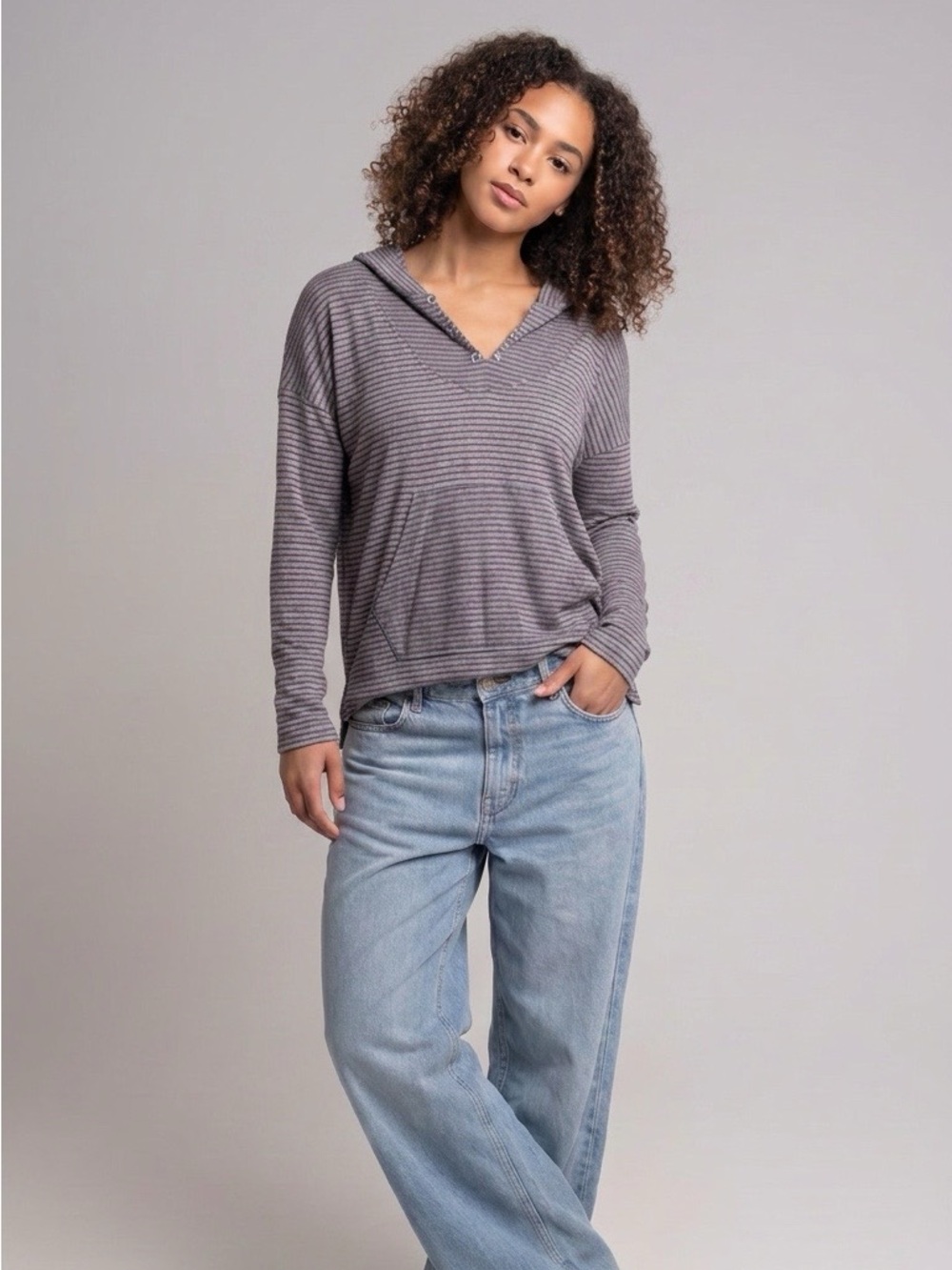 Roxy Striped V-Neck Hooded Top - Grey